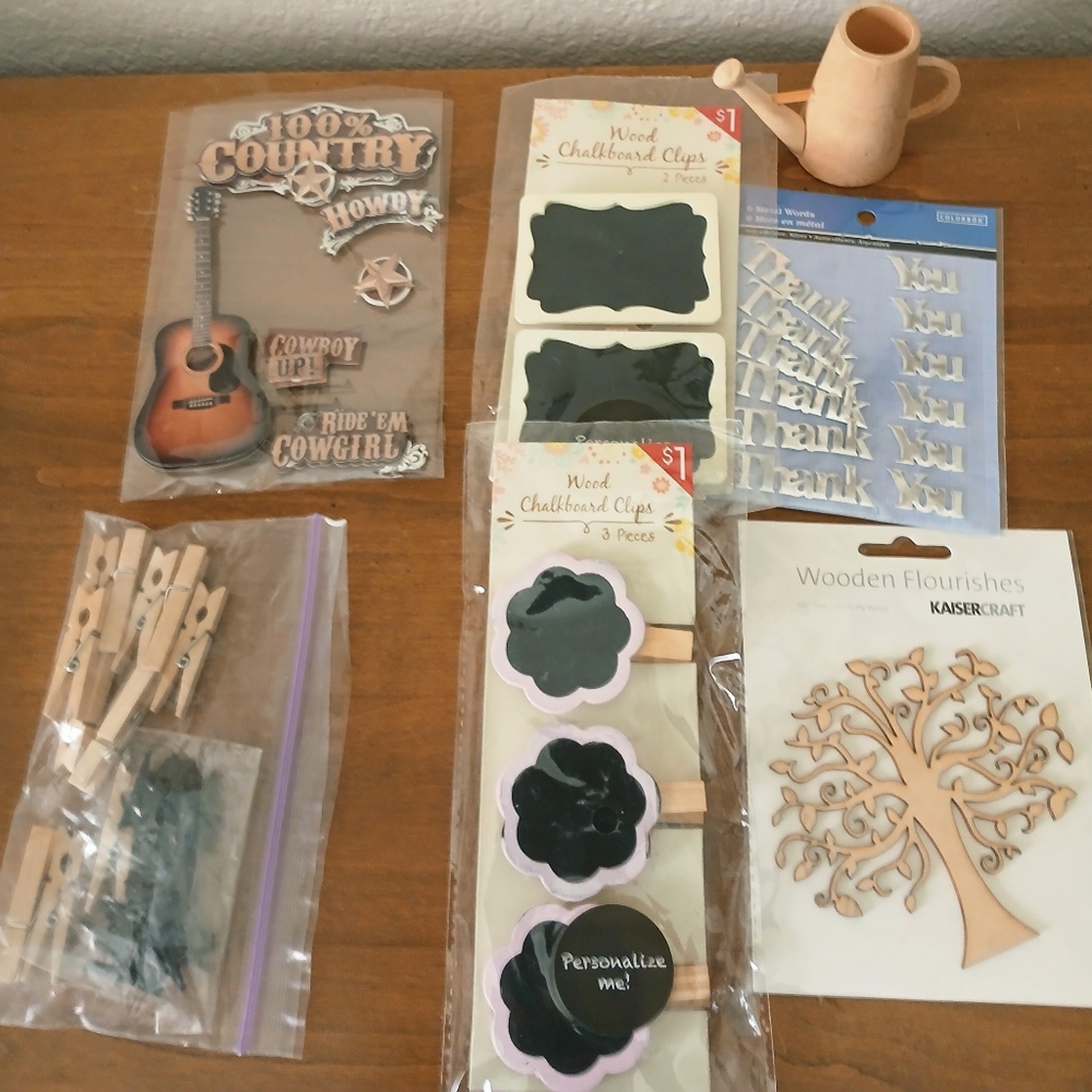 Craft Supplies Bundle with Chalkboard Clips and Wooden Flourishes